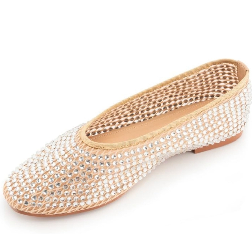 NWT WIRALOMI Rhinestone Mesh Nude Ballet Flats, Size 8